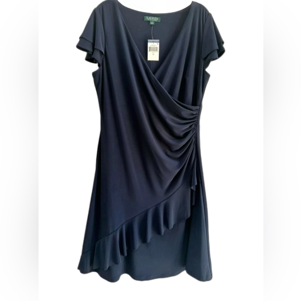 Lauren Ralph Lauren Navy Faux Wrap Ruffle Jersey Dress 14 NW #58 - Picture 11 of 11